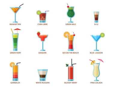 Alkollü kokteyller meyve soğuk içecekler tropikal kozmopolit tazelik koleksiyonu ve parti alkol tatlı tekila vektör çizim.
