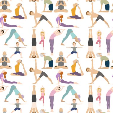 Meditasyon insanlar Dikişsiz desen arka plan konsantrasyonu insan barış yaşam tarzı vektör çizim karakterleri sınıf yoga pozisyonları.