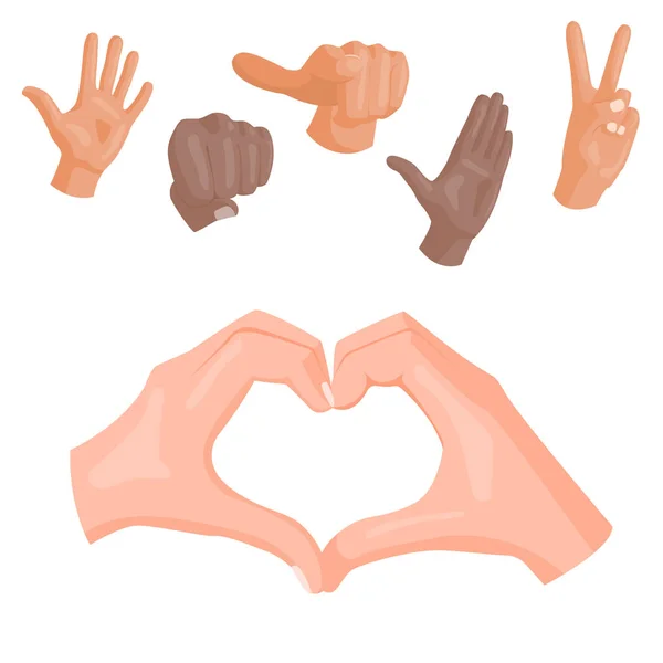Mãos surdo-mudo coração símbolo vetor gestos diferentes braço humano pessoas mensagem ilustração . —  Vetores de Stock