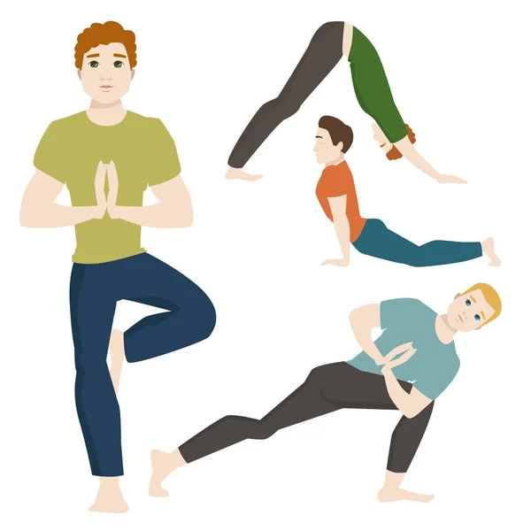 Yoga posiciones mans caracteres clase meditación masculino concentración humana paz estilo de vida vector ilustración . — Vector de stock