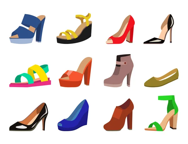 Zapatos para mujer vector plana colección de diseño de moda de cuero de color mocasines zapatos sandalias ilustración — Archivo Imágenes Vectoriales