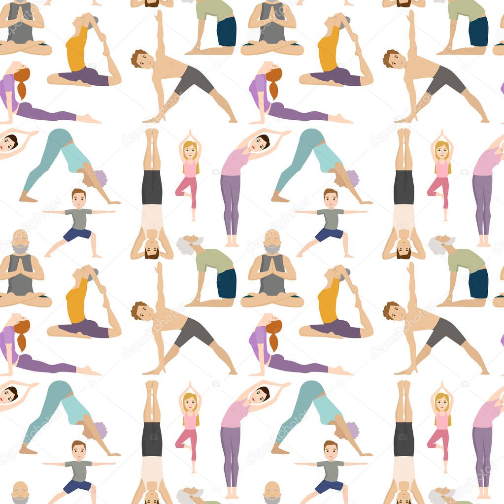 Yoga positions characters class meditation people seamless pattern background concentration human peace lifestyle vector illustration.