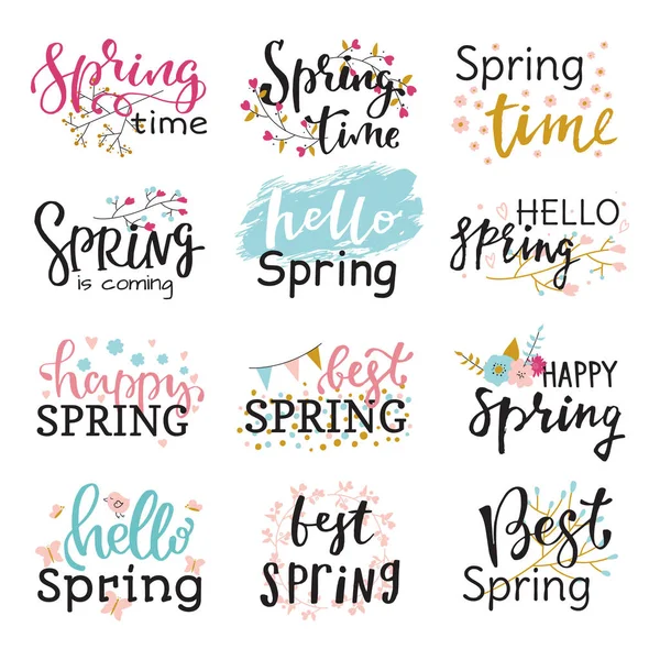 Hallo Frühling Zeit Vektor Schriftzug Text Grußkarte spezielle Frühling Typografie Hand gezeichnet Frühling Grafik Illustration Abzeichen — Stockvektor
