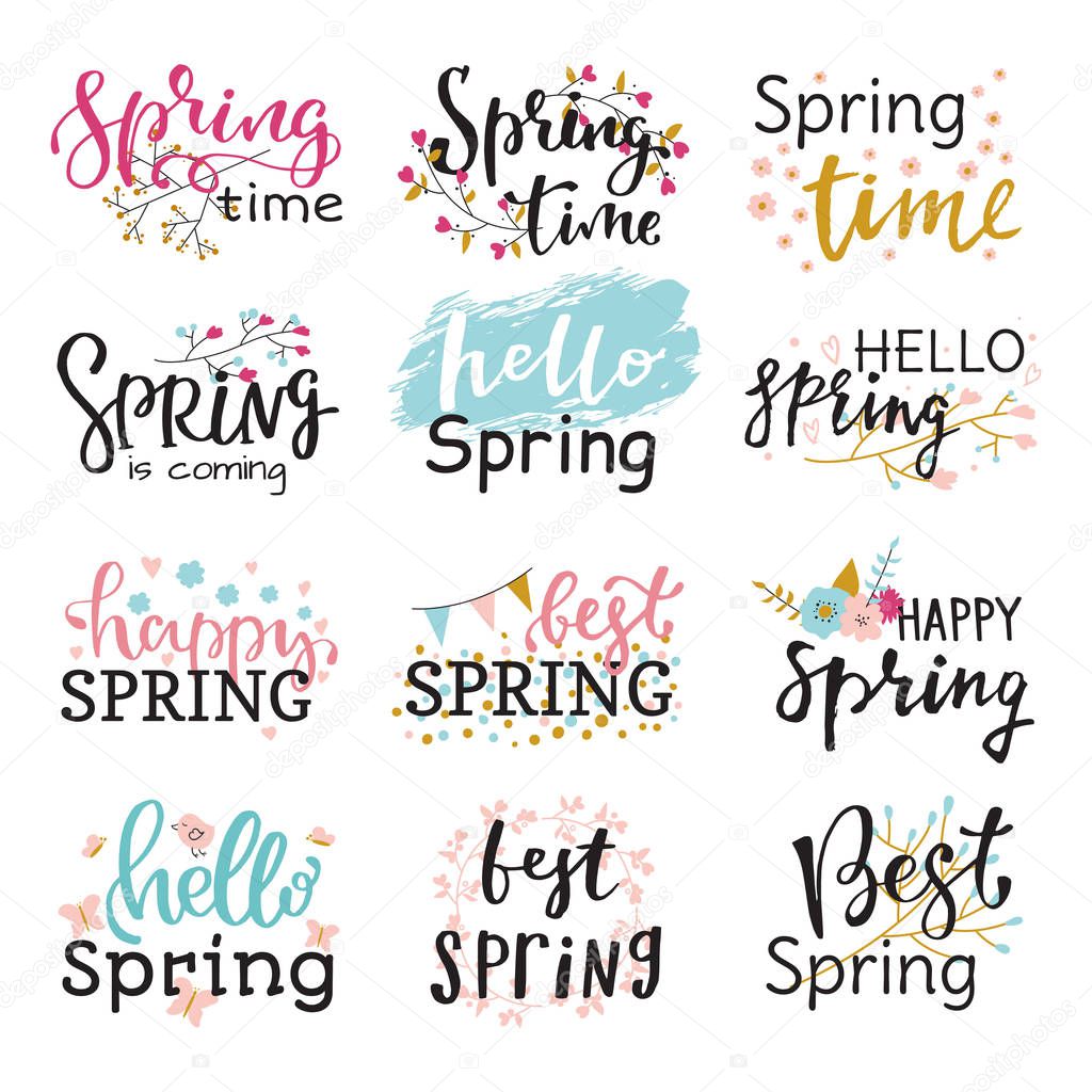 Hello spring time vector lettering text greeting card special springtime typography hand drawn graphic Spring illustration badge.