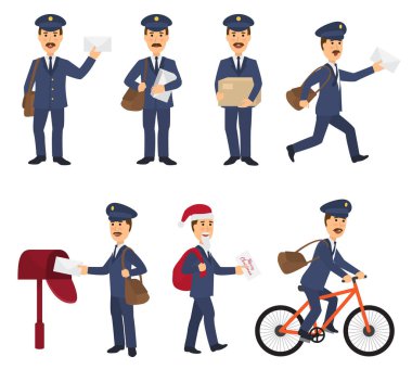 Postacı vektör postacı posta postbox veya posta kutusu içinde teslim etmek ve letterbox illüstrasyon küme posta teslim hizmeti beyaz arka plan üzerinde izole harflerle yazı karakteri taşıyan gönderilecek