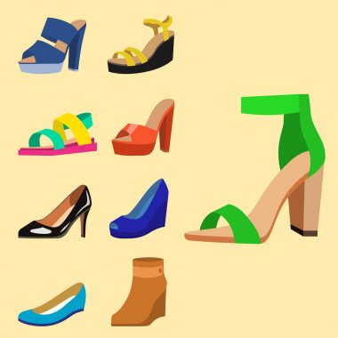 Bayan Ayakkabı deri koleksiyonu mokasen ayakkabı sandalet illüstrasyon renkli düz moda tasarım vektör