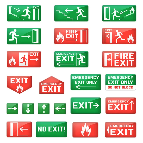 Exit vektor Trenažér otevírání nadkřídelních znamení a požární schodiště bod s zelené šipky pro bezpečnostní evakuace a skončil v sadě obrázek lupy izolovaných na bílém pozadí — Stockový vektor