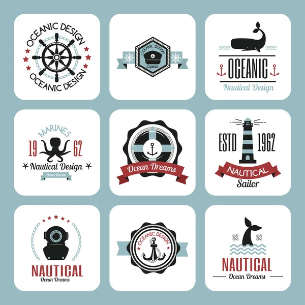 Iconos de logotipo náutico vectorial marino marino marino vela etiqueta temática o con cintas de viaje elemento gráfico insignias ilustración . — Archivo Imágenes Vectoriales
