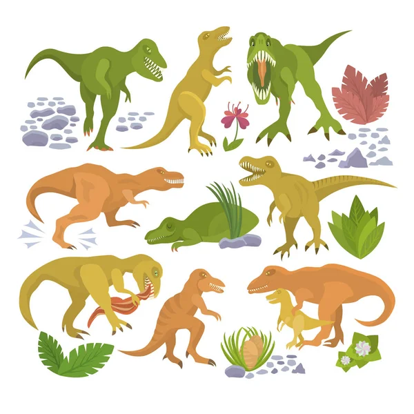 Dinosaurus vektorové tyrannosaurus rex kreslená postava dino a jury tyranosaura útočí na obrázku sada starých zvířat izolovaných na bílém pozadí — Stockový vektor
