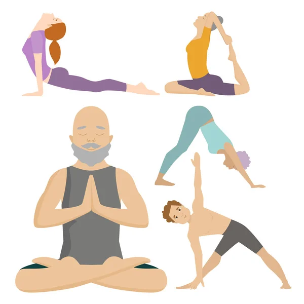 Yoga Positionen Charaktere Klasse Meditation Menschen Konzentration menschlicher Frieden Lebensstil Vektor Illustration. — Stockvektor