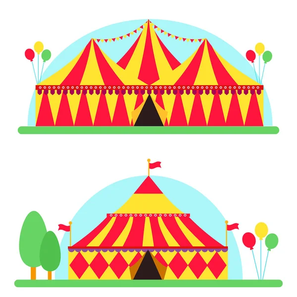 Cirkusshow underhållning tält marquee utomhusfestival med ränder flaggor carnival vektorillustration. — Stock vektor