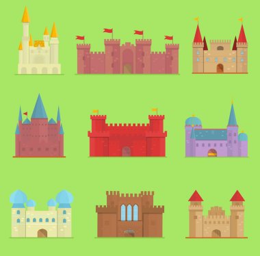 Çizgi film masal vektör kale kule simgesi sevimli çizgi Mimarlık illüstrasyon fantezi ev fairytale ortaçağ kalesi. Kingstone çizgi film castleworld çizgi film stronghold tasarım masal izole