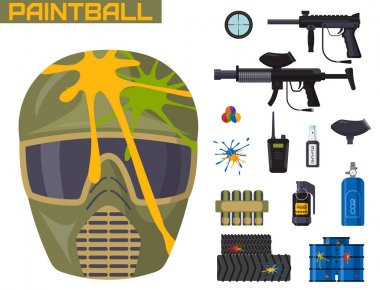 Paintball kulübü simgeler koruma tek tip ve spor oyun tasarım öğeleri ekipman hedef illüstrasyon vektör