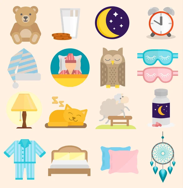 Slaap tijd vector iconen platte set met venster melk geïsoleerd illustratie slaap pictogrammen maan set kussen klok droom gezonde levensstijl. Slaapkamer sleeptime rest ster menselijke collectie slaap pictogrammen — Stockvector