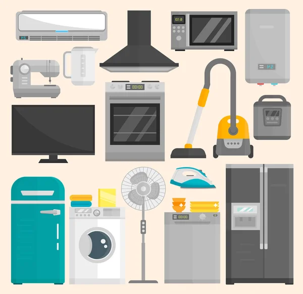 Grupo de eletrodomésticos isolados em fundo branco. Equipamento de cozinha geladeira eletrodomésticos forno doméstico de lavar microondas eletrodomésticos ferramenta de cozinha congelador — Vetor de Stock