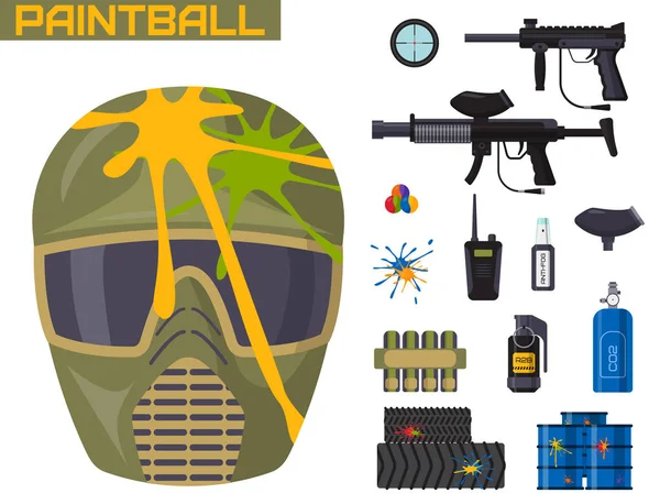 Paintball club ikoner skydd enhetliga och sport spel design element utrustning mål vektor illustration — Stock vektor