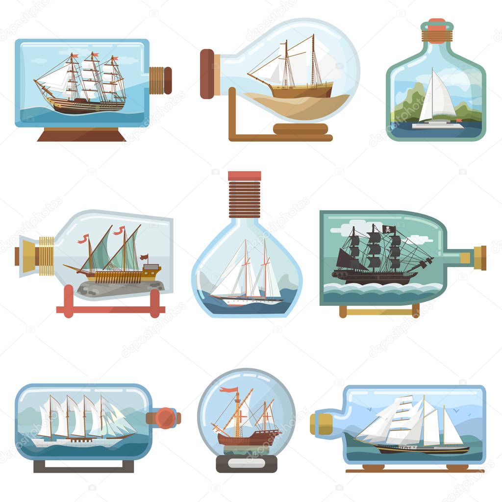 Vector ship in bottle boat in miniature sailboat souvenir in glass jar with cork shipping ouvenir in flask isolated on white background