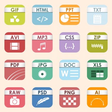 Vector square file types and formats labels icon set. File type format icons presentation document symbol. Audio extension icons graphic multimedia sign application software folder. clipart