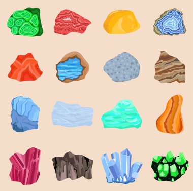 Yarı değerli taşlar taş ve maden taş izole koleksiyon kümesi. Parlak renkli değerli taş. Mineral takı malzeme akik maden Jeoloji doğa kristal