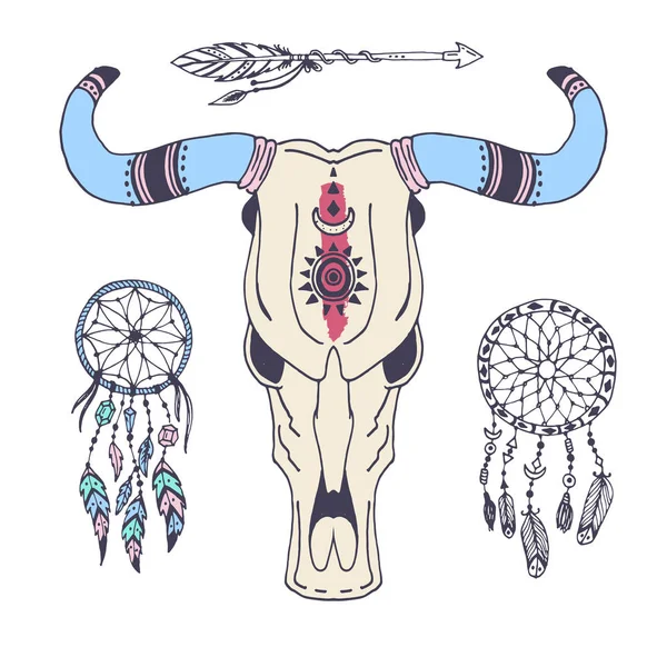 創造的な自由奔放に生きるベクトル スタイル フレーム マディ民族羽の矢印と花の要素の図. — ストックベクタ