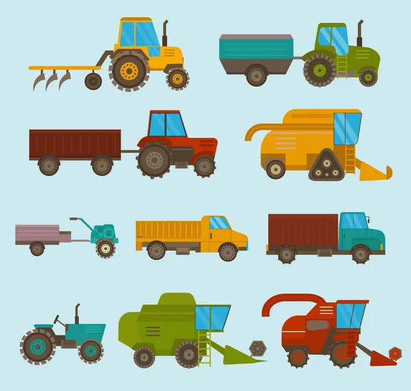 Olika typer vektor jordbruksfordon och skördare maskin, kombinerar och grävmaskiner. Ikonuppsättning jordbruks skördare maskin med tillbehör för plöjning, slåtter, plantering och skörd — Stock vektor