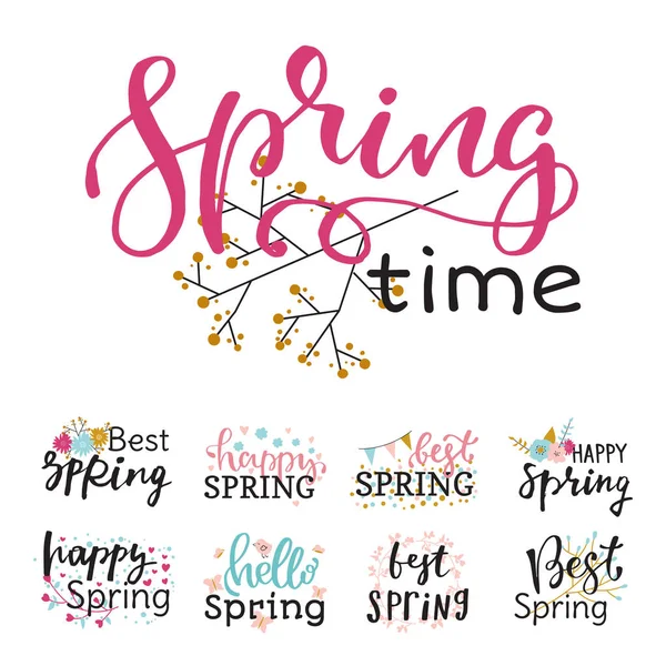 Olá primavera tempo vetor lettering texto saudação cartão especial primavera tipografia mão desenhado Primavera gráfico ilustração crachá — Vetor de Stock