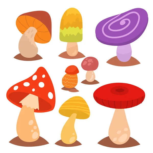 Paddestoelen schimmel agaric paddestoel verschillende kunst stijl ontwerp schimmels vector illustratie rode hoed — Stockvector