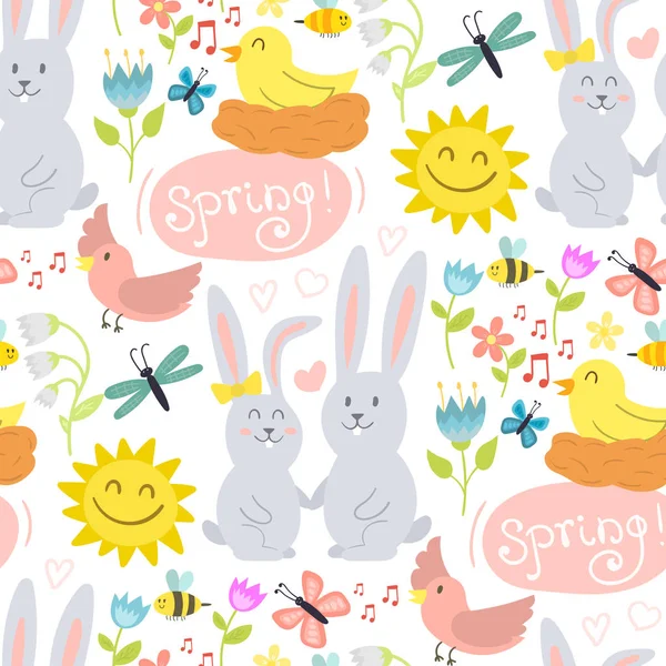 Frühling Vektor natürliche Blumen blühen Garten Schönheit Design und Natur Gras Saison Zweig Frühling Hand gezeichnet nahtlose Muster Hintergrund Illustration — Stockvektor