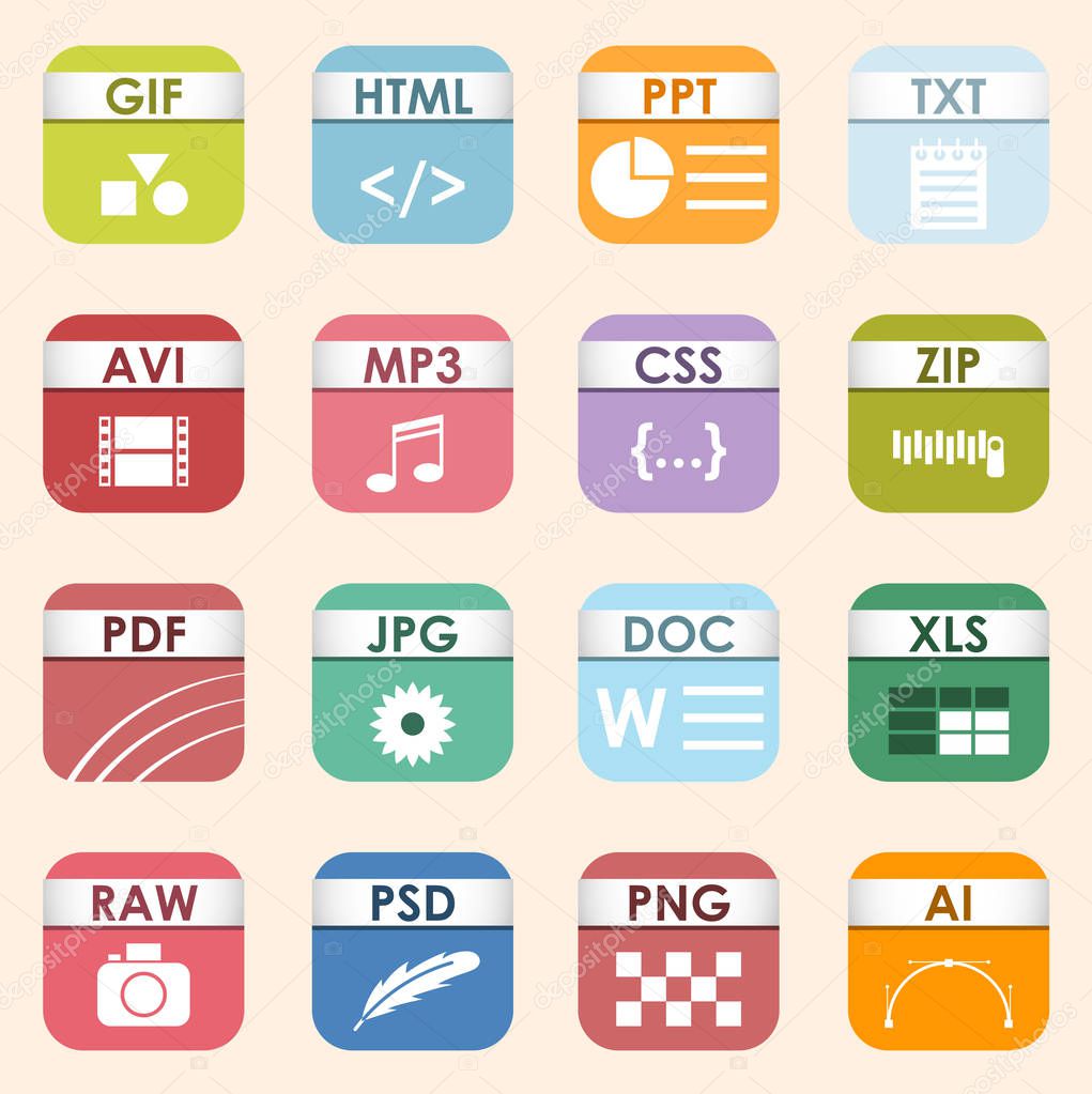 Vector square file types and formats labels icon set. File type format icons presentation document symbol. Audio extension icons graphic multimedia sign application software folder.