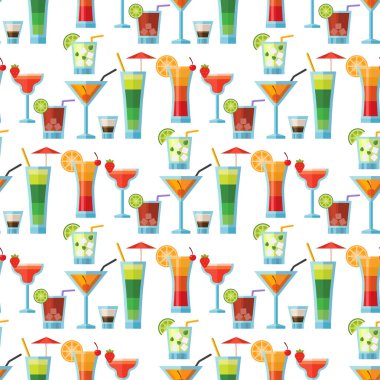 Alkollü kokteyller Dikişsiz desen arka plan meyve soğuk içecekler kozmopolit tazelik tropikal parti alkol tatlı tekila vektör çizim.