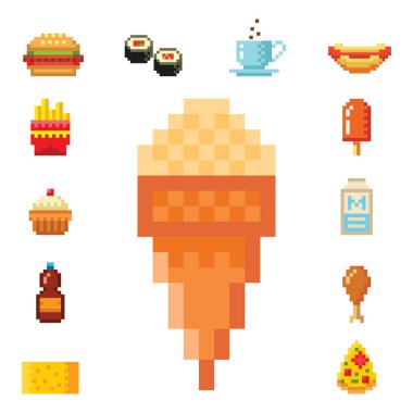 Piksel sanat gıda bilgisayar tasarım simgeler vektör çizim Restoran pixelated öğe lokanta retro oyun web grafik.