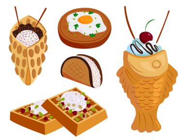 Farklı gofret kurabiye Kek pasta kurabiye bisküvi lezzetli aperatif krem tatlı çıtır ekmek yiyecek vektör çizim waffle