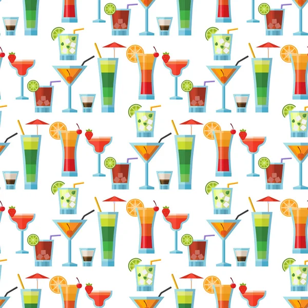 Koktajle alkoholowe wzór tła owoców zimne napoje tropikalną świeżość kosmopolityczne strony alkoholu słodki wektor ilustracja. — Wektor stockowy
