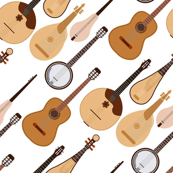 Stringed dreamed musical instruments classical orchestra art sound tool acoustic symphony seamless pattern background wooden equipment vector illustration — Stock Vector