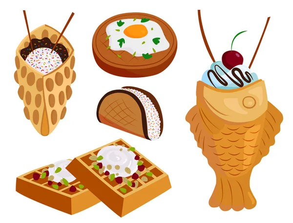 Verschiedene Waffelkekse Waffelkuchen Gebäck Plätzchen Plätzchen lecker Snack Sahne Dessert knusprige Bäckerei Lebensmittel Vektor Illustration — Stockvektor