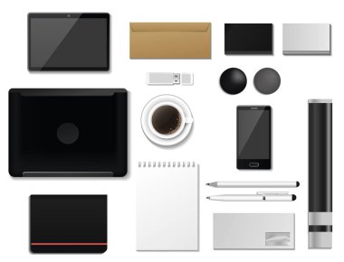 Kurumsal kimlik mock-up vektör premium şablonu illüstrasyon marka iş Ofis Kırtasiye gerçekçi 3d mockup üstten görünüm ayarlama.