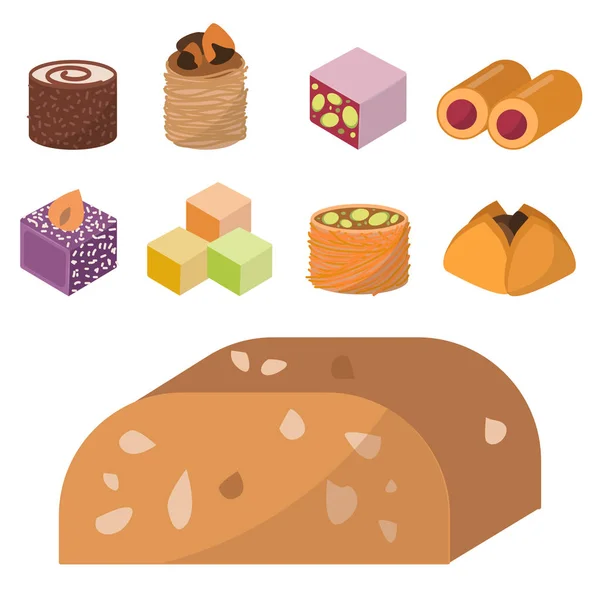 Édesség Kelet finom desszert élelmiszer vektor cukrászda házi választék csokoládétorta pékség ízletes édes élvezetek illusztráció — Stock Vector