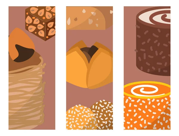 Dulces este delicioso postre comida vector tarjetas confitería surtido casero pastel de chocolate sabrosa panadería dulzura delicias ilustración — Vector de stock