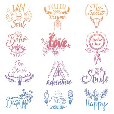 Boho lettering vector ethnic bohemian feather arrow sign and tribal decoration in bohostyle illustration vintage style print in typography set isolated on white background clipart