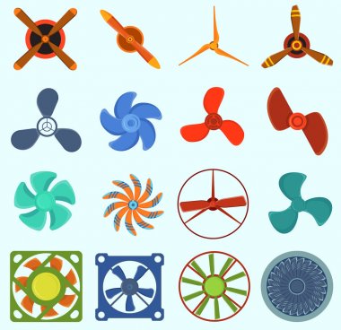 Fanlar ve Pervaneleri teknoloji simgeler yalıtılmış nesne vektör. Pervane fan simgeler havalandırma gemi sembolü retro soğutucu tekne ekipman iyi. Vantilatör sembolü Rüzgar ekipman pervane fan simgeler