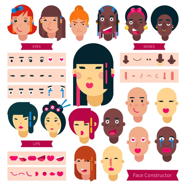 Teenager face constructor vector teen character girl or boy avatar creation illustration set of facial elements construction with hairstyle of Japanese or African youth isolated on background — Stock Vector