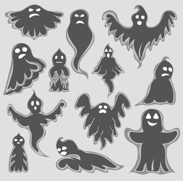 Dibujos animados espeluznante juego de vectores de personajes Ghost. Halloween monstruo de vacaciones miedo diseño personaje fantasma. Disfraz mal silueta fantasma personaje espeluznante divertido dibujos animados lindo espeluznante noche símbolo — Vector de stock