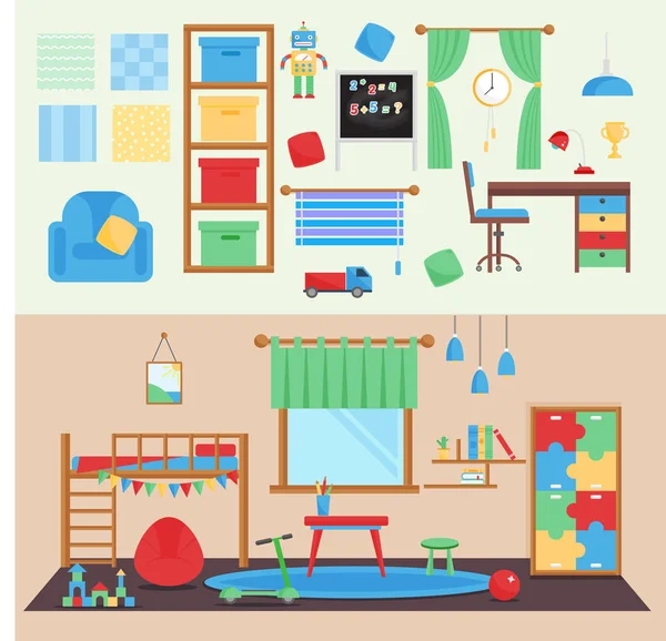Vista horizontal aconchegante quarto de bebê decoração vetor crianças quarto interior ilustração com móveis e brinquedos. berçário infância interior menino babyroom . — Vetor de Stock