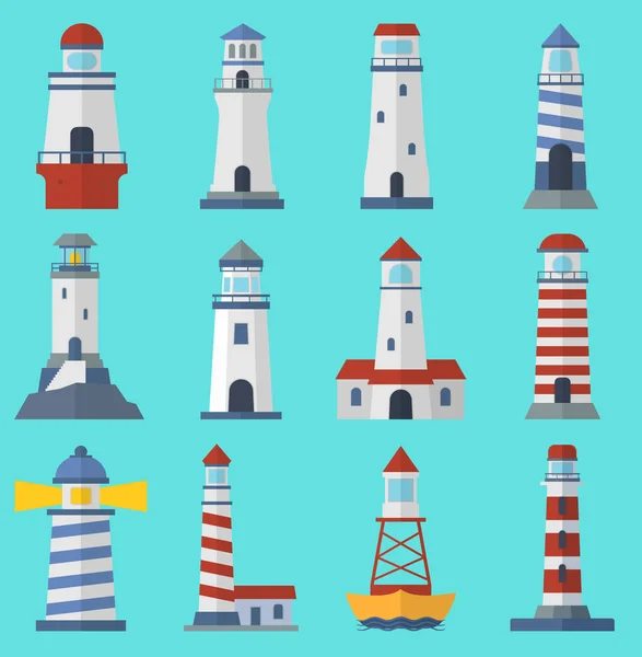 Vector set of cartoon flat vector lighthouses. Searchlight towers for maritime navigation guidance ocean and sea beacon light tower light house. Travel sailing signal navigation symbol. — Stock Vector