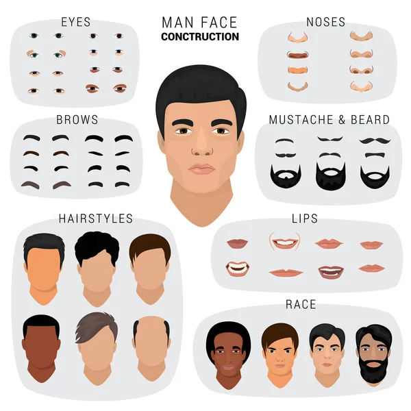 Homme visage constructeur vecteur mâle personnage avatar création tête peau nez yeux avec moustache et barbe illustration ensemble d'éléments faciaux construction avec coiffure isolé sur fond blanc — Image vectorielle