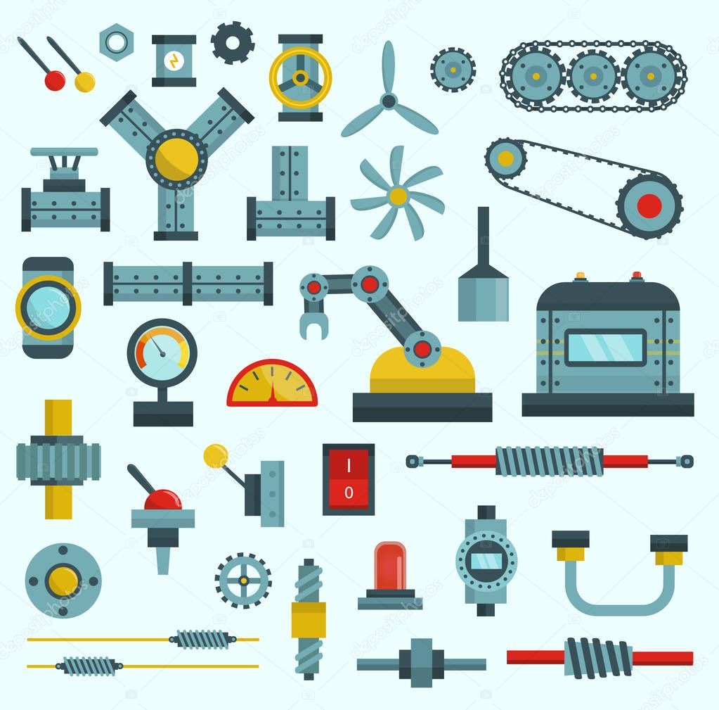 Machine parts vector illustration machinery flat icons set manufacturing work detail design gear mechanical equipment part industry technical engine