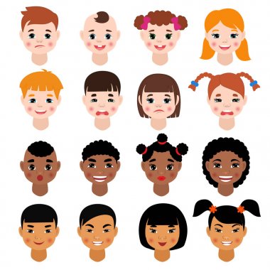 Childs'ın portre vektör çocuklar karakter kız ya da erkek saç modeli ve karikatür kişi ile çeşitli cilt tonu illüstrasyon yüz hatları beyaz arka plan üzerinde izole alt kümesini ile karşı karşıya