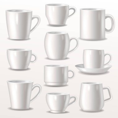 Kahve ya da çay için çeşitli şekiller çizimde dizi beyaz cupful veya beyaz arka plan üzerinde izole mugful marka ve basit çay fincanı için Kupası vektör boş kupalar