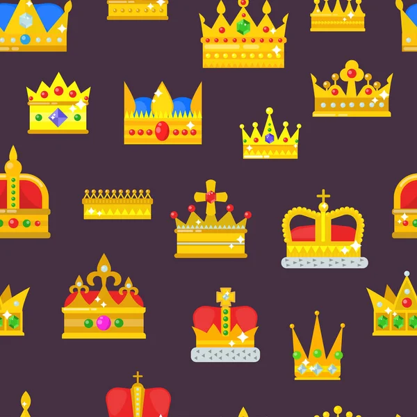 Crown vector golden royal jewelry symbol of king set queen princess crowning prince authority crown jeweles seamless pattern background — Stock Vector