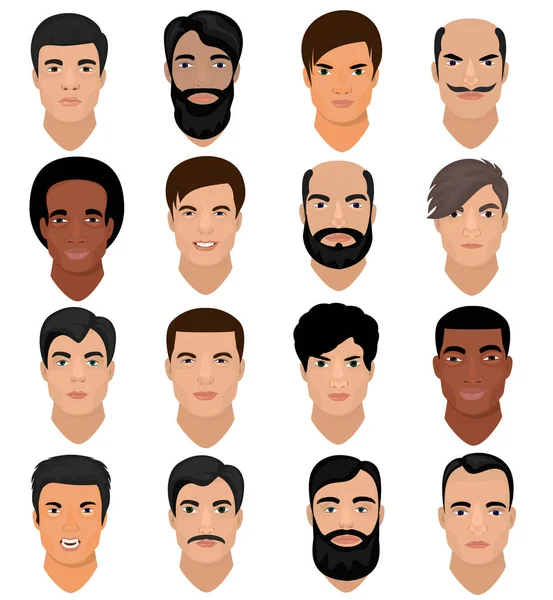 Adam portre vektör erkek karakter yüz çocuk saç modeli ve çizgi film n kişi ile çeşitli cilt tonu ve sakal resimde beyaz arka plan üzerinde izole erkeksi yüz özellikleri kümesi ile — Stok Vektör